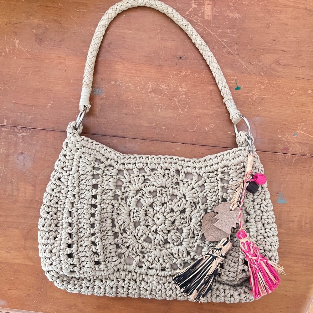 Emma Rose Crochet Straw Summer Handbag Bag Tan Medallion Boho Summer Tassel - Picture 16 of 16